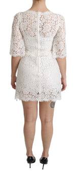 Dolce & Gabbana White Floral Lace Shift V-neck Mini Women's Dress