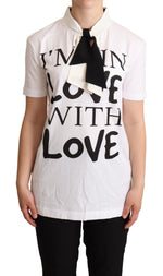 Dolce & Gabbana White Cotton Silk Blend Ascot Collar Women's T-shirt