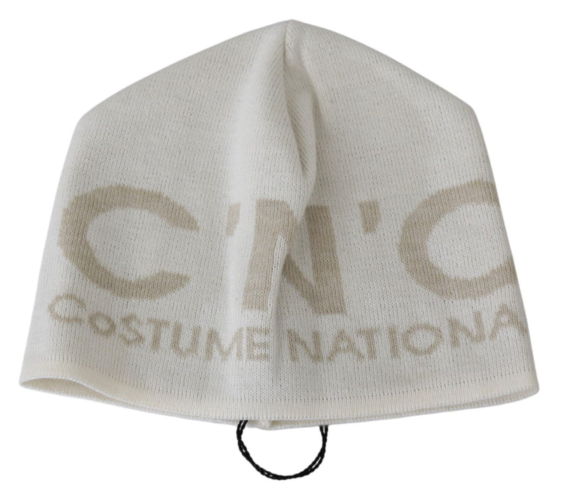 Costume National White Beige Wool Branded Beanie Men's Hat