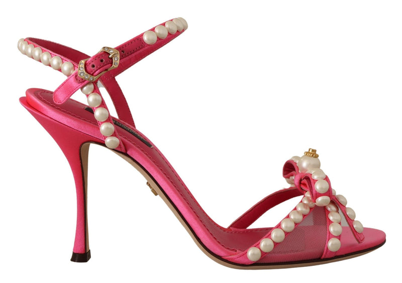 Dolce & Gabbana Pink Satin White Pearl Crystals Heels Women's Shoes