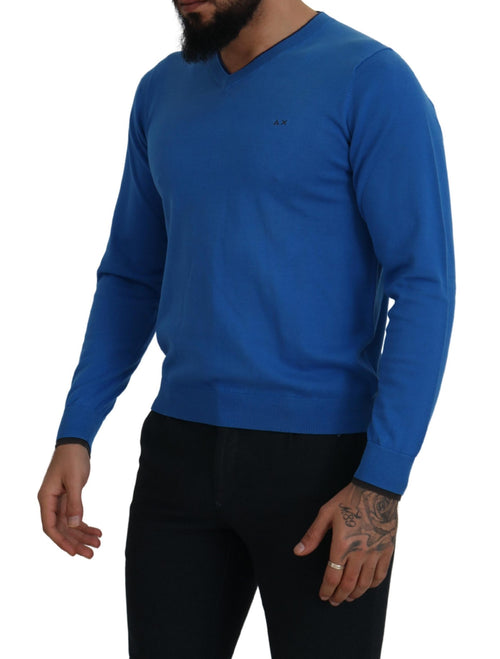 Sun68 Blue Cotton V-Neck Knitted Men Pullover Men's Sweater