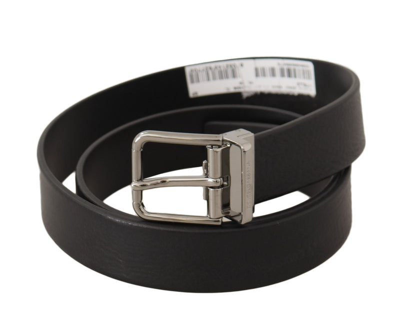 Dolce & Gabbana Black Calf Leather Silver Tone Metal Buckle Men's Belt