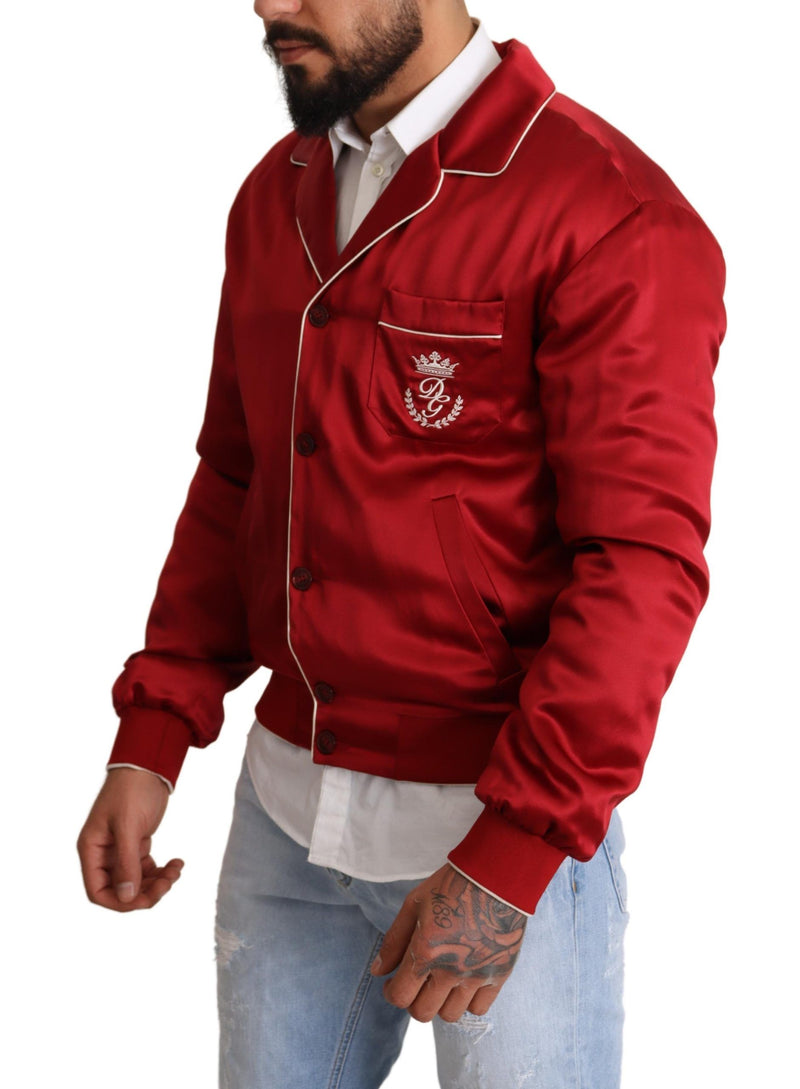 Dolce & Gabbana Red Silk Button DG Logo Bomber Men's Jacket