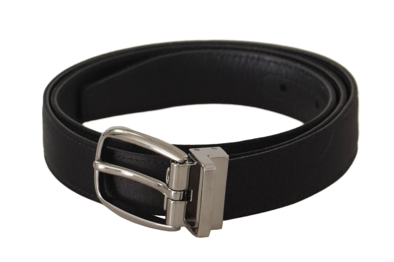 Dolce & Gabbana Black Calf Leather Silver Logo Metal Buckle Men's Belt