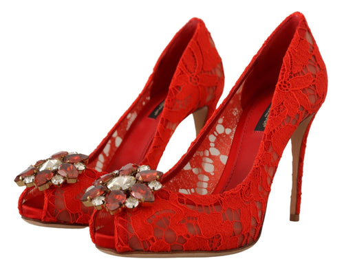 Dolce & Gabbana Red Crystal Taormina Lace Heels Women's Pumps