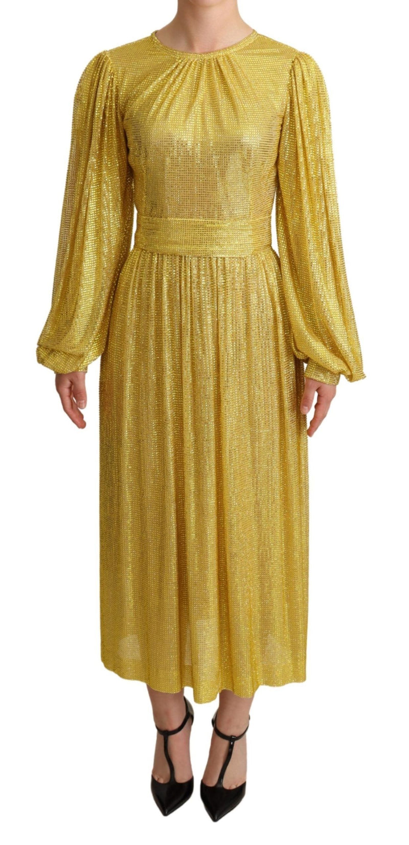 Dolce & Gabbana Yellow Crystal Mesh Pleated Maxi Women's Dress