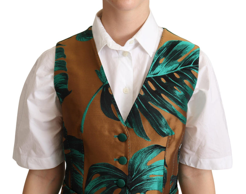 Dolce & Gabbana Green Jacquard Leaf Gold Waistcoat Women's Vest