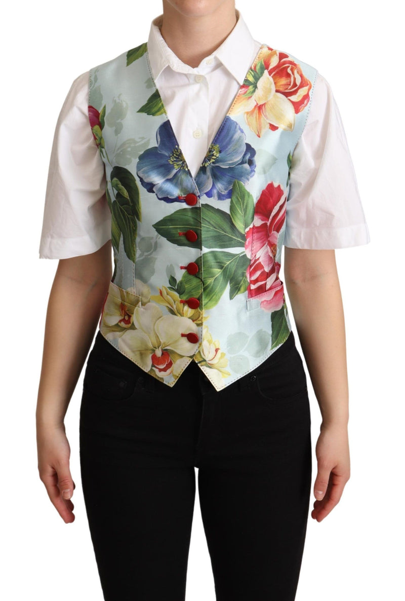 Dolce & Gabbana Mint Green Floral Silk Waistcoat Women's Vest