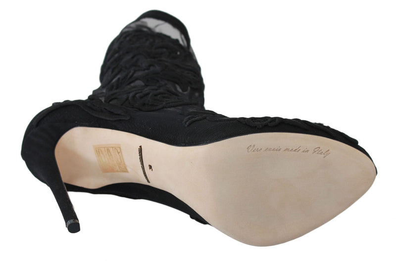 Dolce & Gabbana Black Roses Stilettos Booties Socks Women's Shoes