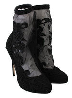Dolce & Gabbana Black Roses Stilettos Booties Socks Women's Shoes