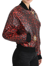 Dolce & Gabbana Red Leopard Button Crystal Leather Women's Jacket