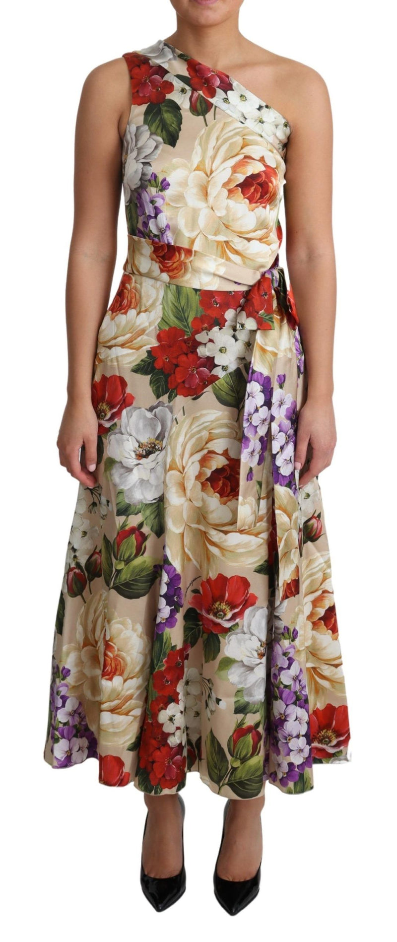 Dolce & Gabbana Print Silk Stretch One Shoulder Dress Women's Floral