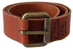 Just Cavalli Brown Leather Logo Bronze Rustic Metal Buckle Women's Belt