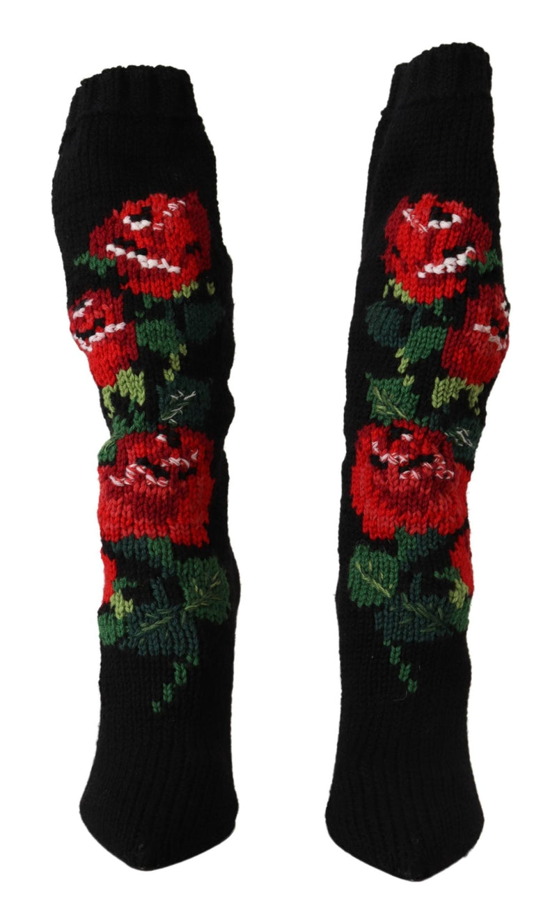 Dolce & Gabbana Black Stretch Socks Red Roses Booties Women's Shoes