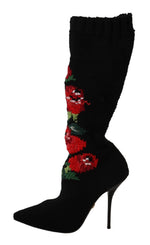 Dolce & Gabbana Black Stretch Socks Red Roses Booties Women's Shoes