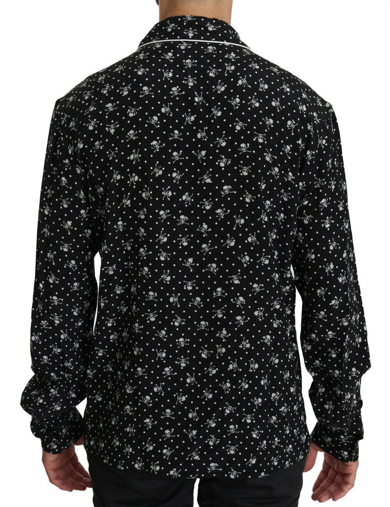 Dolce & Gabbana Black Skull Print Silk Sleepwear Men's Shirt