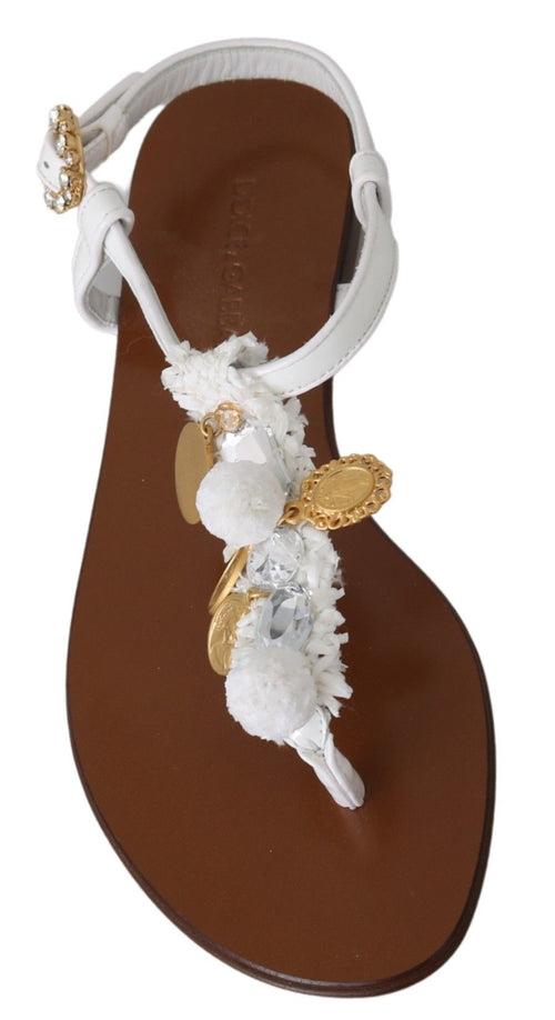 Dolce & Gabbana Pom Pom Flip Flop Ankle Strap Women's Flats