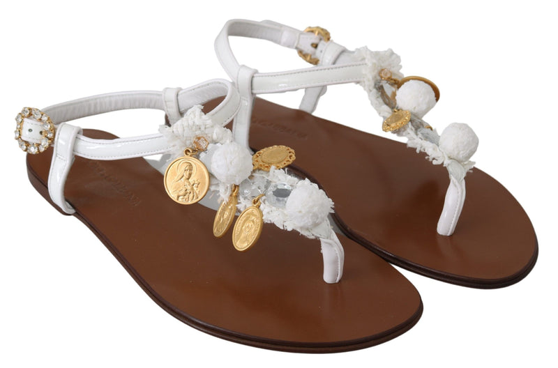 Dolce & Gabbana White Leather Coins Flip Flops Sandals Women's Shoes