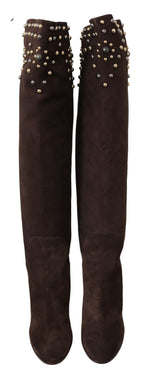 Dolce & Gabbana Studded Suede Knee High Boots in Women's Brown