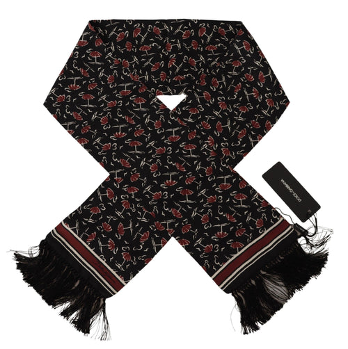 Dolce & Gabbana Black Red Umbrellas Patterned Shawl Fringe Men's Scarf