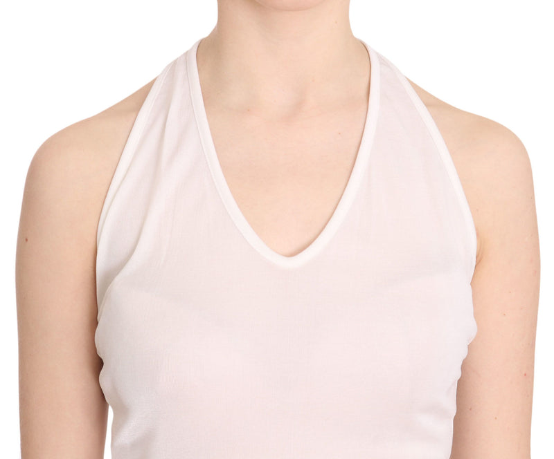GF Ferre White Halter Cotton Sleeveless Casual Tank Top Women's Blouse