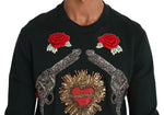 Dolce & Gabbana Green Crystal Heart Roses Gun Men's Sweater