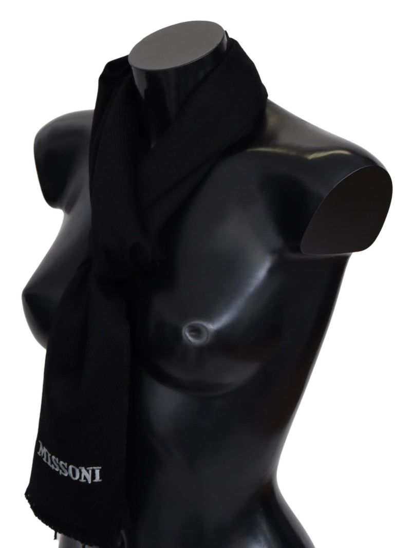 Missoni Black 100% Wool Unisex Neck Wrap Fringes Logo Men's Scarf