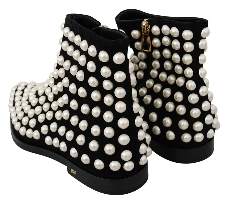 Dolce & Gabbana Black Suede Pearl Studs Boots Women's Shoes