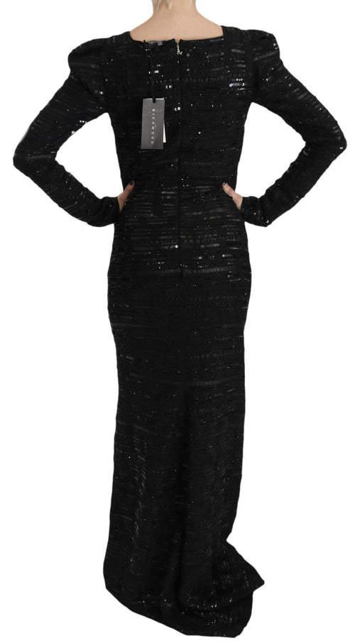 John Richmond Black Silk Sheath Maxi Dress with Women's Sequins