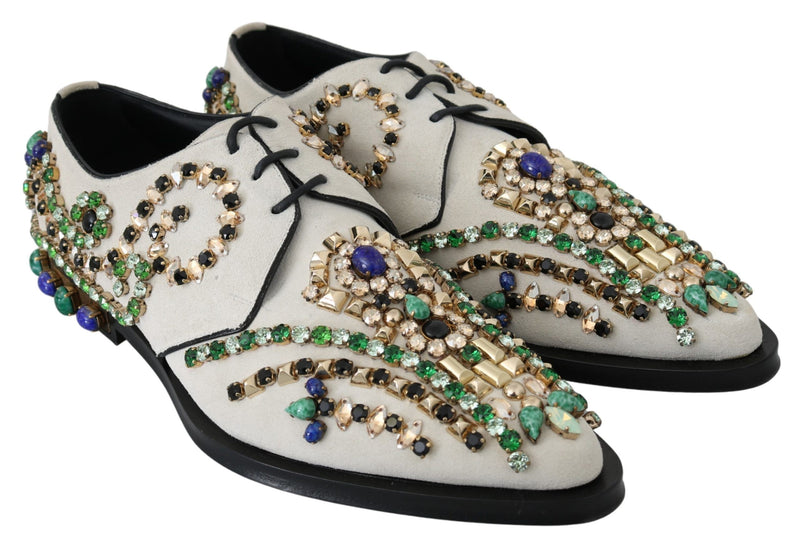 Dolce & Gabbana Elegant White Suede Dress Flats with Women's Crystals