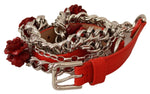 Dolce & Gabbana Red Leather Roses Floral Silver Waist Women's Belt