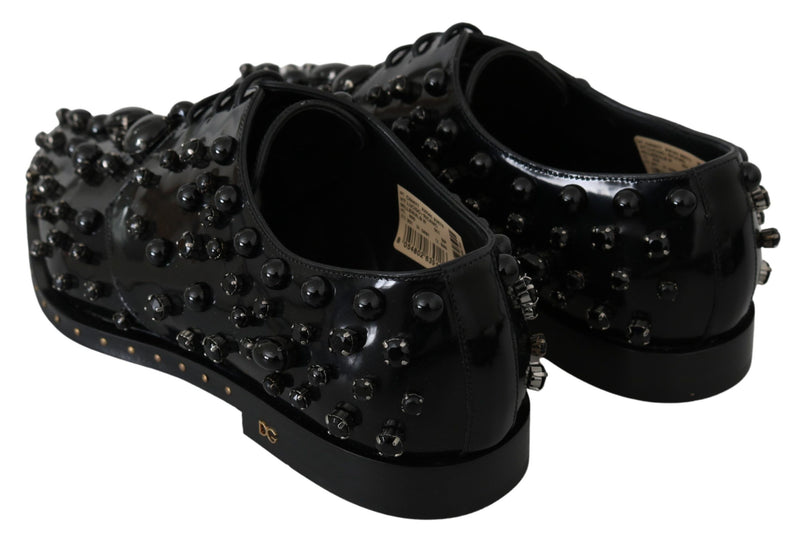Dolce & Gabbana Black Leather Crystals Dress Broque Women's Shoes