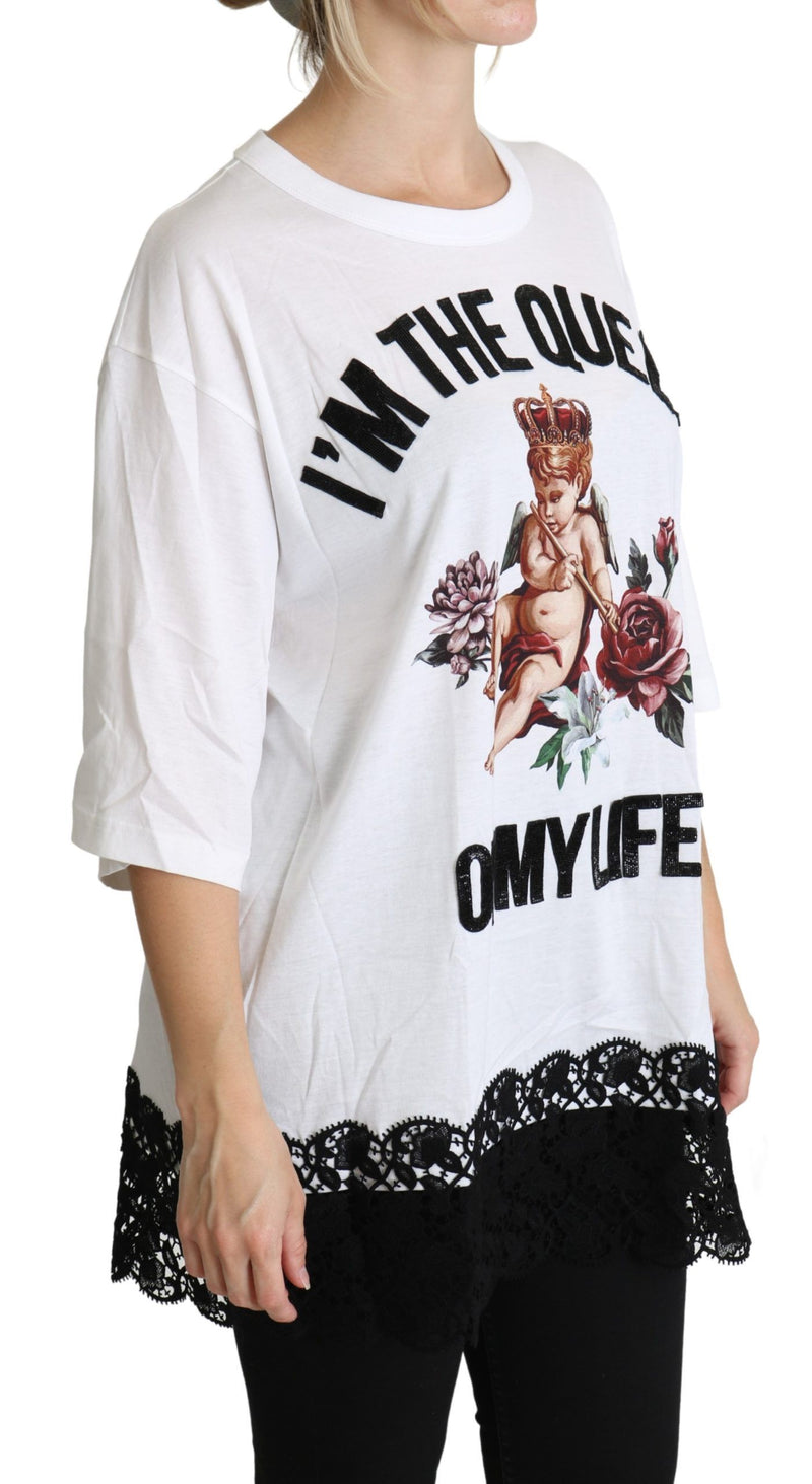Dolce & Gabbana White Angel Print Cotton Round Neck Shirt Women's Tops