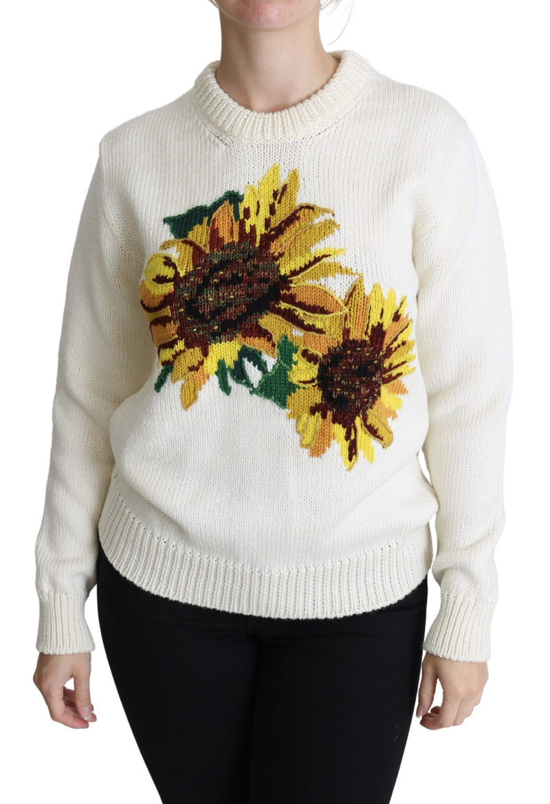 Dolce & Gabbana White Floral Wool Pullover Sunflower Women's Sweater