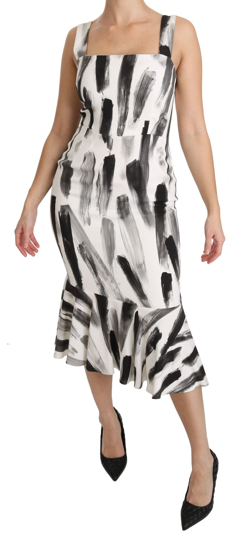 Dolce & Gabbana White Black Printed Sheath Midi Viscose Women's Dress