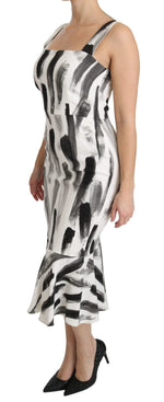 Dolce & Gabbana White Black Printed Sheath Midi Viscose Women's Dress