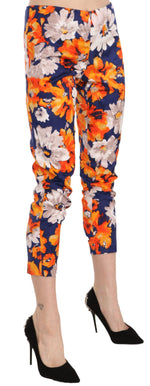 LANACAPRINA Blue Floral Print Skinny Slim Fit Trousers Women's Pants