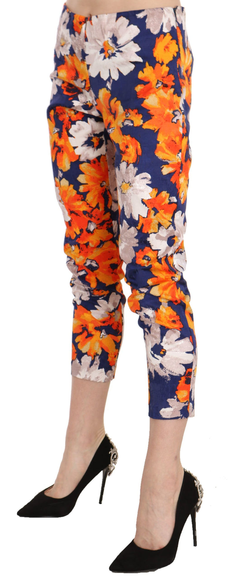 LANACAPRINA Blue Floral Print Skinny Slim Fit Trousers Women's Pants
