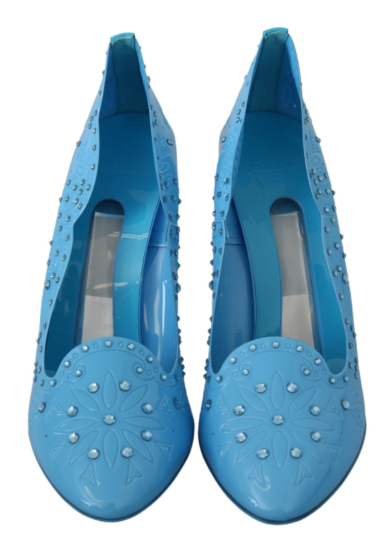 Dolce & Gabbana Blue Crystal Floral CINDERELLA Heels Women's Shoes