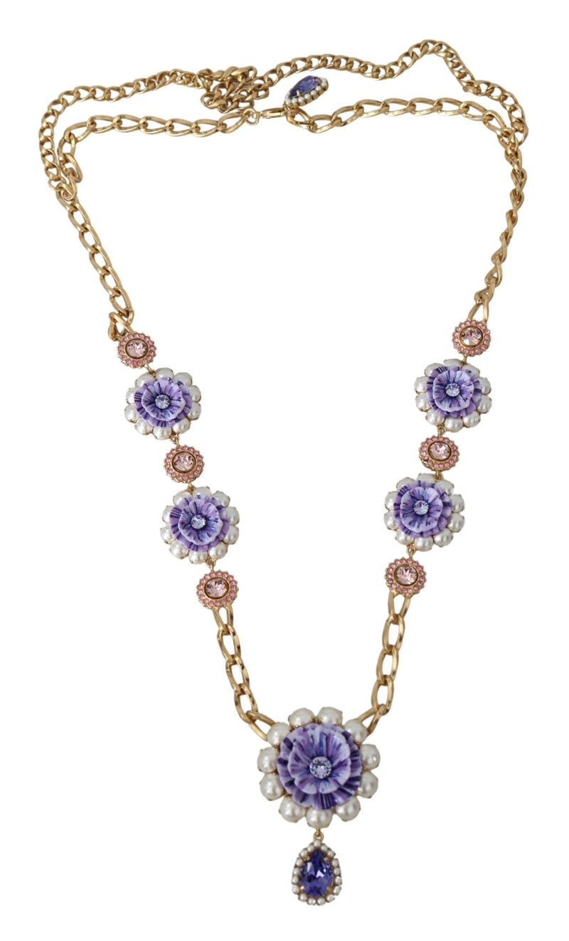 Dolce & Gabbana Gold Tone Floral Crystals Purple Embellished Women's Necklace