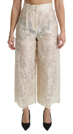 Dolce & Gabbana Cream Lace High Waist Palazzo Cropped Women's Pants