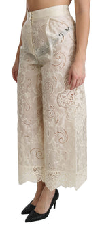 Dolce & Gabbana Cream Lace High Waist Palazzo Cropped Women's Pants