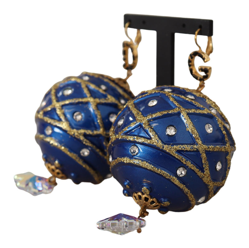 Dolce & Gabbana Blue Christmas Ball Crystal Hook Gold Brass Women's Earrings