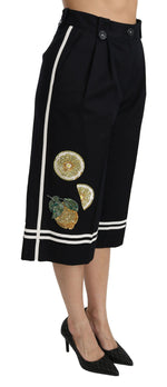Dolce & Gabbana Black Lemon Embellished Palazzo Cropped Women's Pants