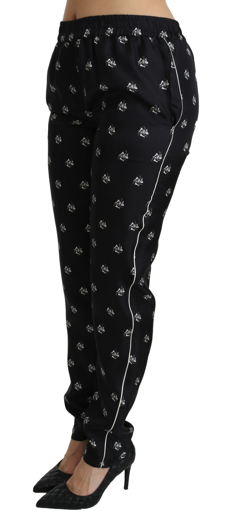 Dolce & Gabbana Black Printed Mid Waist Skinny Silk Women's Pants