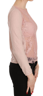 PINK MEMORIES Pink Lace See Through Long Sleeve Top Women's Blouse