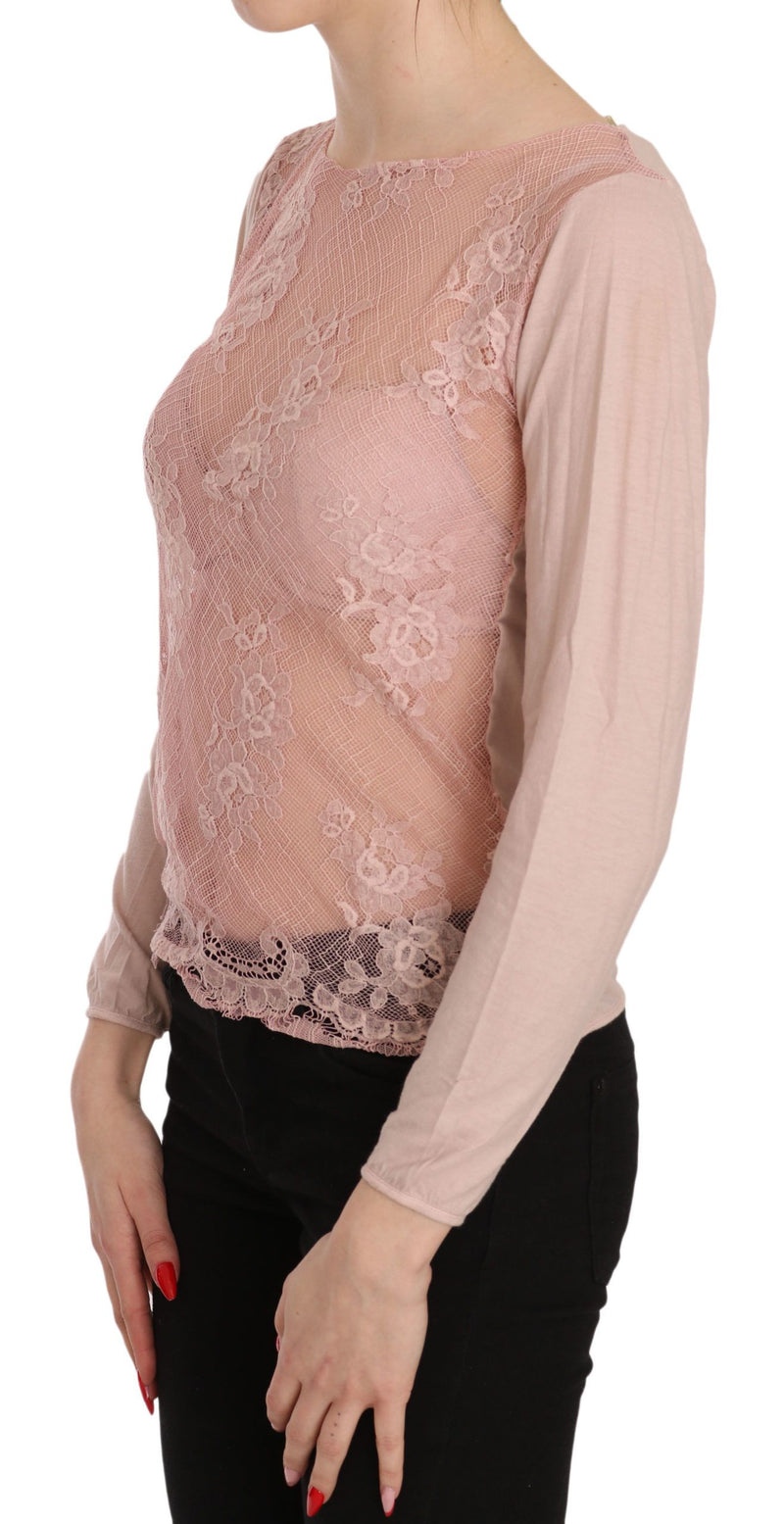 PINK MEMORIES Pink Lace See Through Long Sleeve Top Women's Blouse