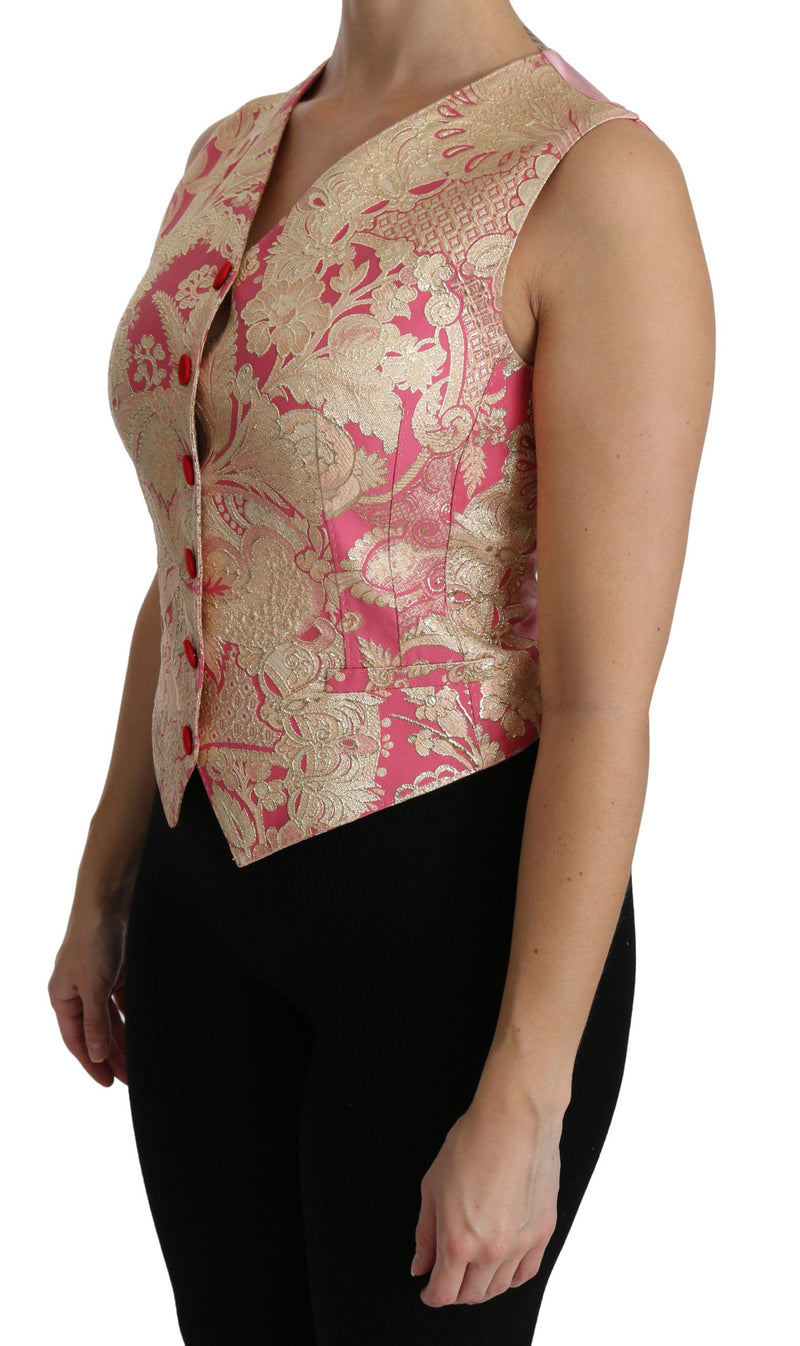 Dolce & Gabbana Pink Gold Brocade Waistcoat Vest Blouse Women's Top