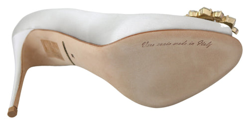 Dolce & Gabbana White Crystal Peep Toe Silk Blend Women's Heels