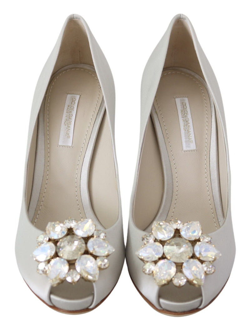 Dolce & Gabbana White Crystals Peep Toe Heels Satin Pumps Women's Shoes